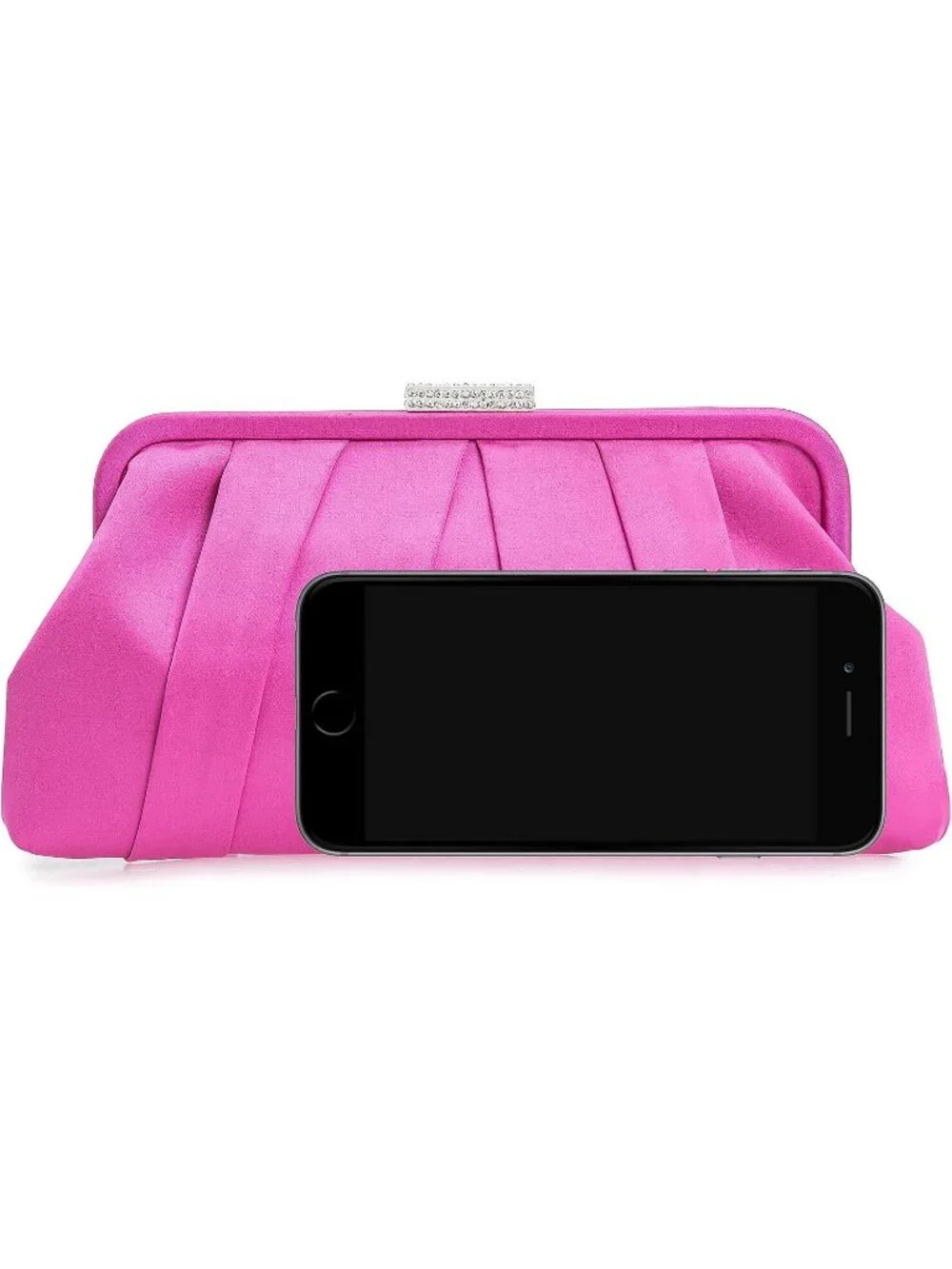 Women's Hot Pink Classic Pleated Satin Clutch Purse Diamante Formal Evening Bag